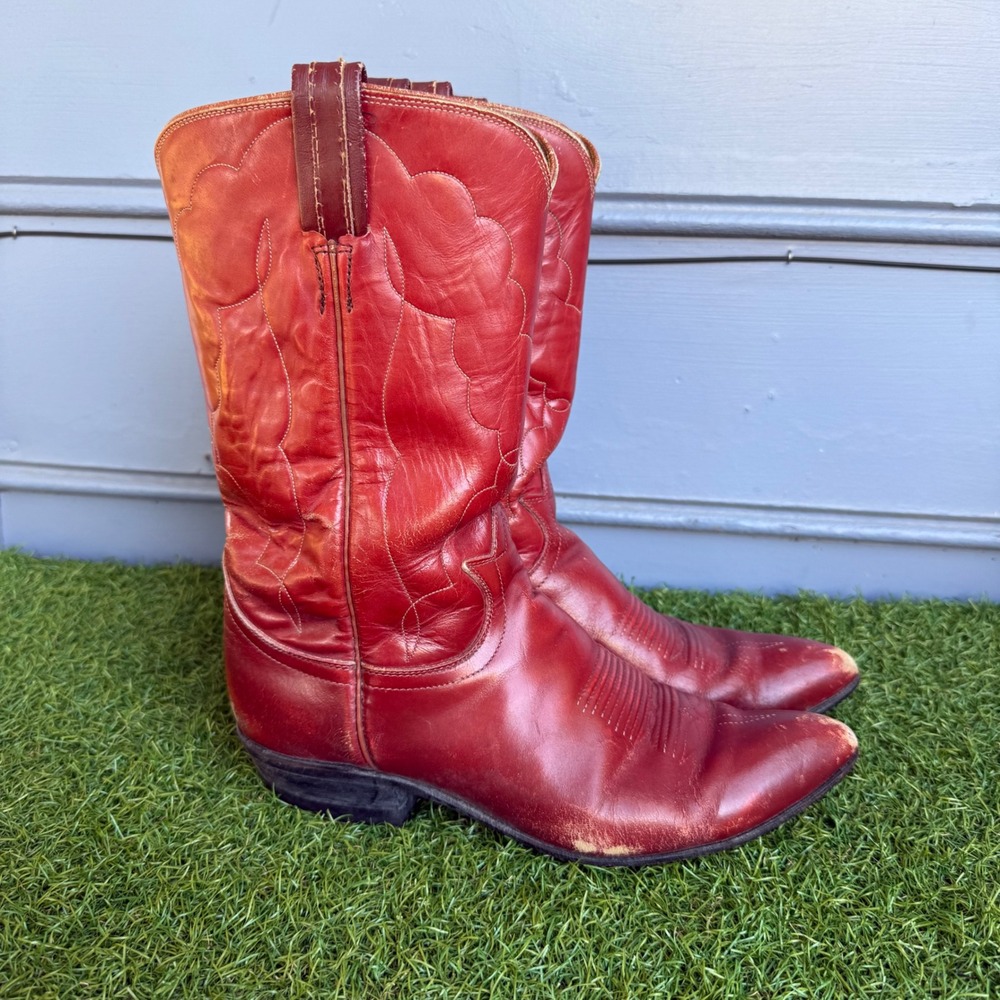Tony Lama Red Leather Western Cowboy Womens 8 B Boots Pointed Toe Vibram Heel - Picture 2 of 11